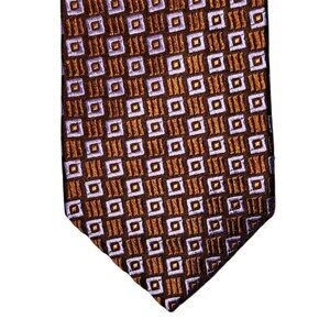 XMI Platinum Necktie Tie Mens Brown Blue Geometric Pattern Silk Hand Made In USA